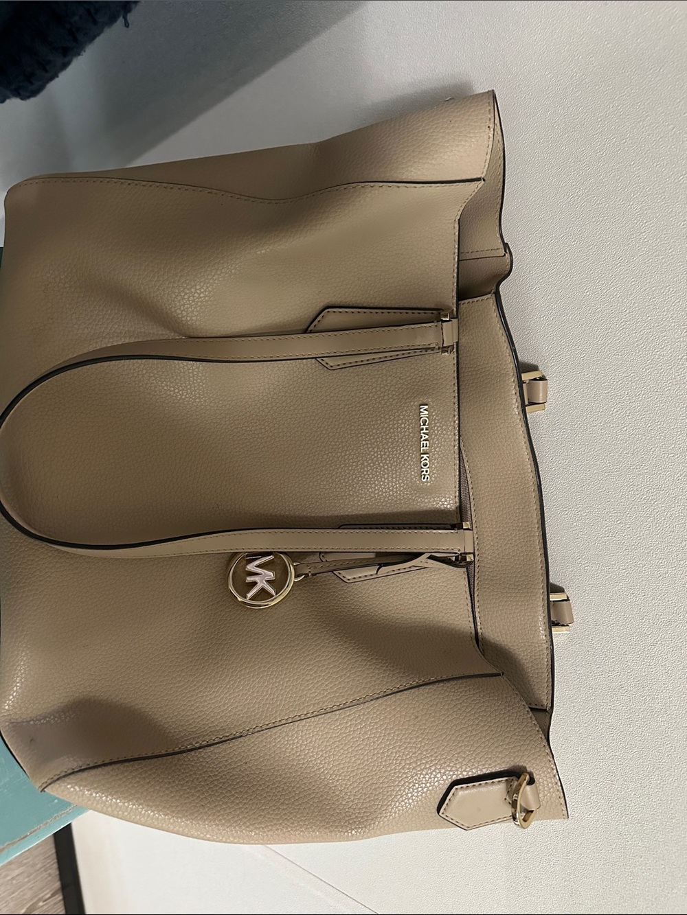 Michael Kors Taupe Pebbled Leather Tote with MK Charm